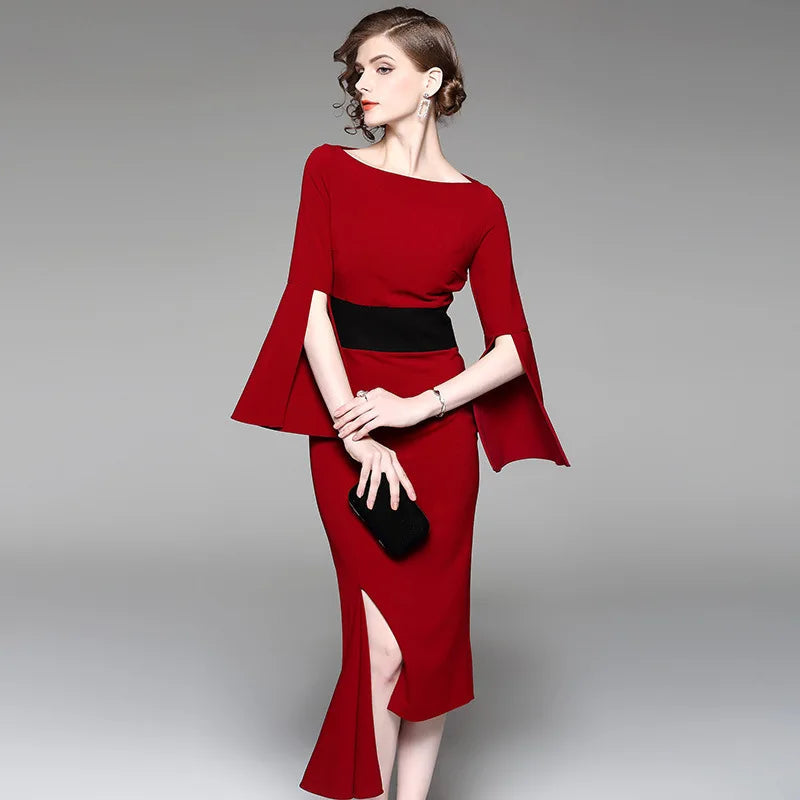 New irregular waist-tightening dresses red medium-length dress for solid slash neck flare sleevebanquet in 2025